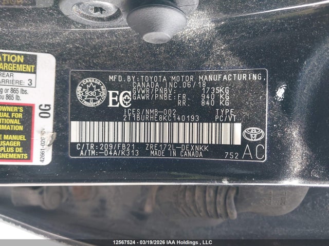 Aukcja sprzedaży 2019 Toyota Corolla Le, vin: 2T1BURHE8KC140193, numer aukcji: 12567524