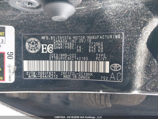 Aukcja sprzedaży 2019 Toyota Corolla Le, vin: 2T1BURHE8KC140193, numer aukcji: 12567524