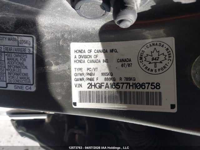 Aukcja sprzedaży 2007 Honda Civic, vin: 2HGFA16577H106758, numer aukcji: 12573763