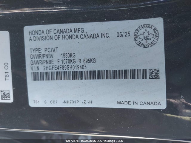 2025 Honda Civic Sport Hybrid/sport Touring Hybrid მანქანა იყიდება აუქციონზე, vin: 2HGFE4F89SH019405, აუქციონის ნომერი: 12573778