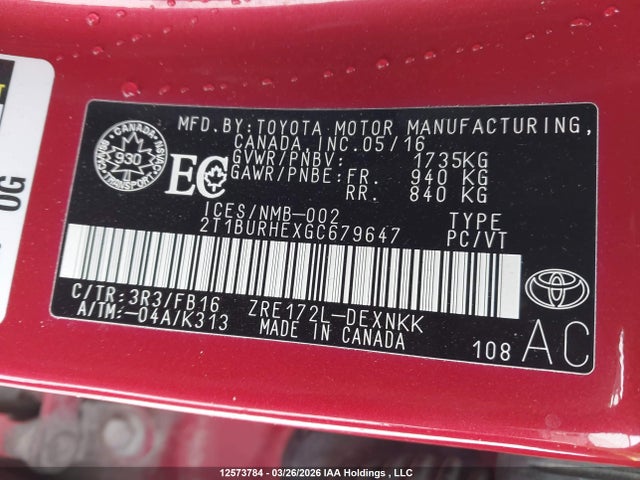 2016 Toyota Corolla მანქანა იყიდება აუქციონზე, vin: 2T1BURHEXGC679647, აუქციონის ნომერი: 12573784