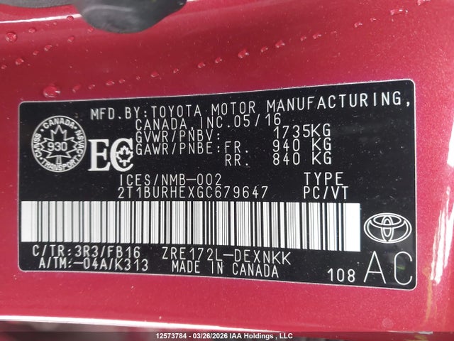 2016 Toyota Corolla მანქანა იყიდება აუქციონზე, vin: 2T1BURHEXGC679647, აუქციონის ნომერი: 12573784