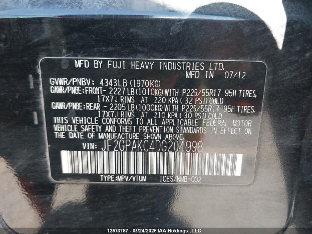 2013 Subaru Xv Crosstrek 2.0 Limited მანქანა იყიდება აუქციონზე, vin: JF2GPAKC4DG204998, აუქციონის ნომერი: 12573787