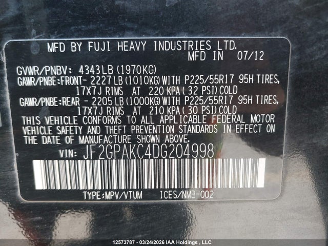 2013 Subaru Xv Crosstrek 2.0 Limited მანქანა იყიდება აუქციონზე, vin: JF2GPAKC4DG204998, აუქციონის ნომერი: 12573787