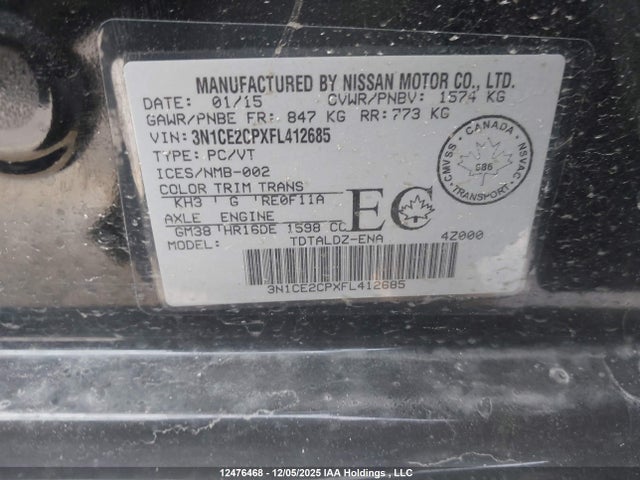 Aukcja sprzedaży 2015 Nissan Versa Note 1.6 S/1.6 Sl/1.6 Sr/1.6 Sv, vin: 3N1CE2CPXFL412685, numer aukcji: 12476468