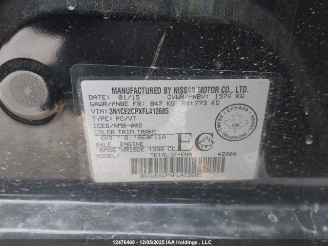 Aukcja sprzedaży 2015 Nissan Versa Note 1.6 S/1.6 Sl/1.6 Sr/1.6 Sv, vin: 3N1CE2CPXFL412685, numer aukcji: 12476468