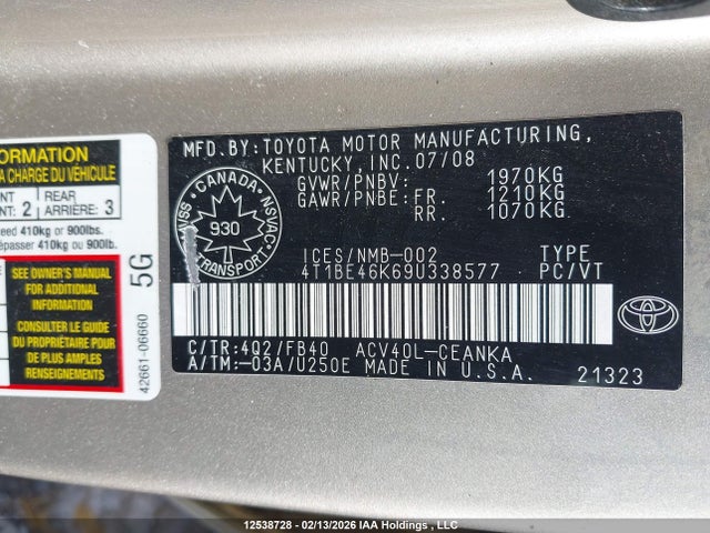 12538728 :رقم المزاد ، 4T1BE46K69U338577 vin ، 2009 Toyota Camry Le مزاد بيع