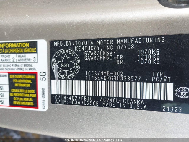 12538728 :رقم المزاد ، 4T1BE46K69U338577 vin ، 2009 Toyota Camry Le مزاد بيع