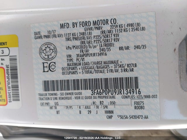 3FA6P0PU9JR134916 Ford Fusion Energi Se Luxury