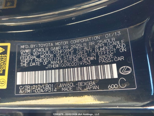 Aukcja sprzedaży 2013 Lexus Es 300h 300h, vin: JTHBW1GG9D2019753, numer aukcji: 12553079