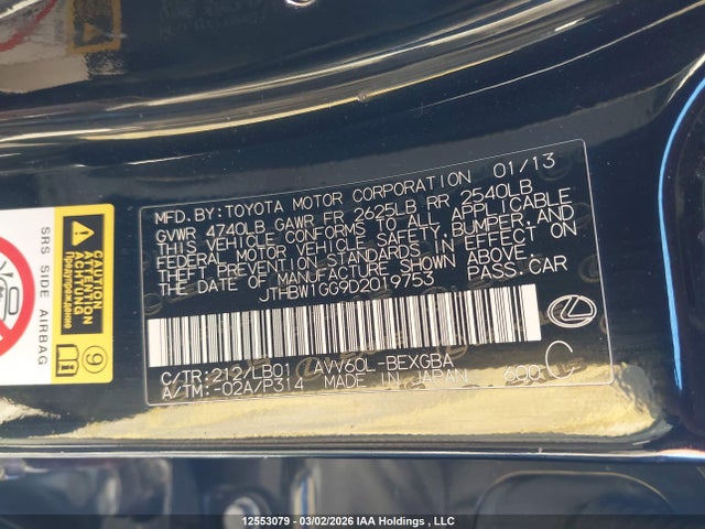 Aukcja sprzedaży 2013 Lexus Es 300h 300h, vin: JTHBW1GG9D2019753, numer aukcji: 12553079