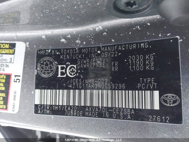 12573790 :رقم المزاد ، 4T1G11AK3NU059296 vin ، 2022 Toyota Camry Se مزاد بيع