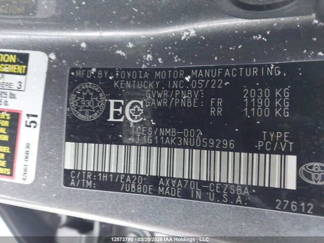 12573790 :رقم المزاد ، 4T1G11AK3NU059296 vin ، 2022 Toyota Camry Se مزاد بيع