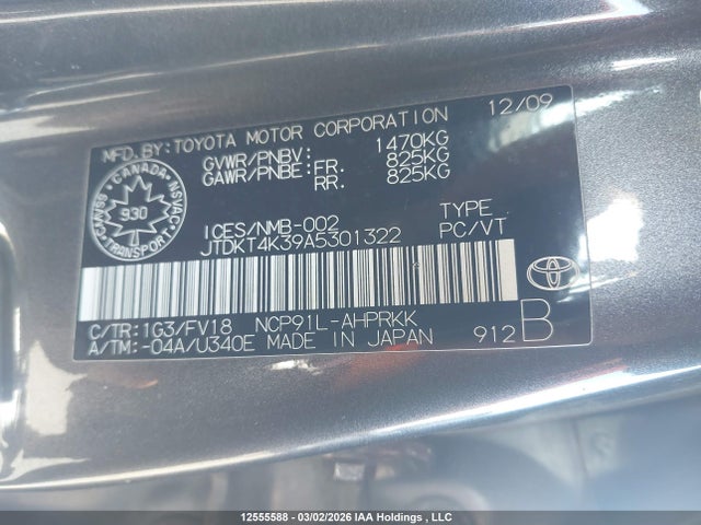 12555588 :رقم المزاد ، JTDKT4K39A5301322 vin ، 2010 Toyota Yaris Rs مزاد بيع