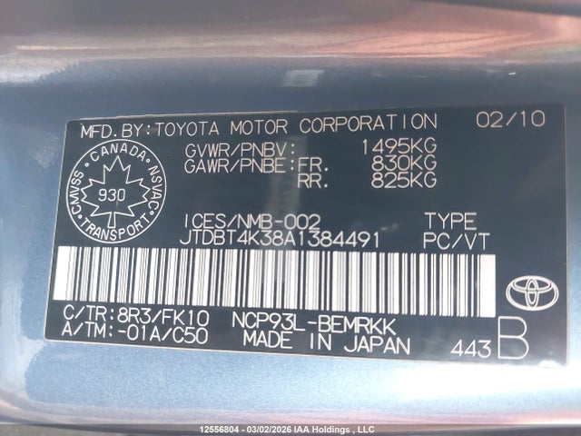 12556804 :رقم المزاد ، JTDBT4K38A1384491 vin ، 2010 Toyota Yaris مزاد بيع