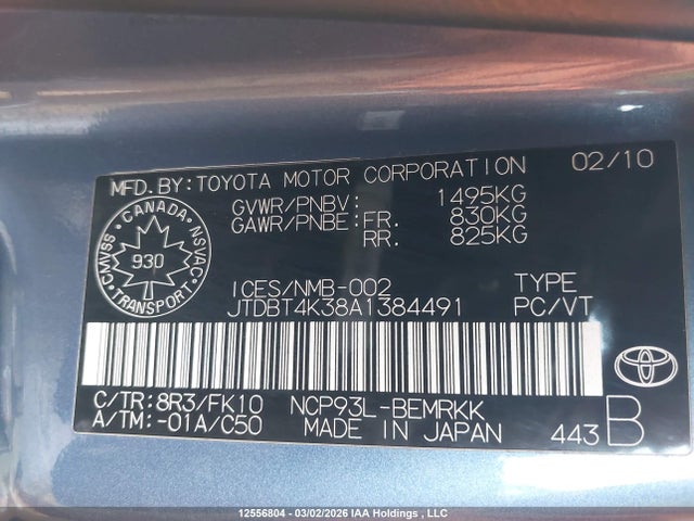 12556804 :رقم المزاد ، JTDBT4K38A1384491 vin ، 2010 Toyota Yaris مزاد بيع