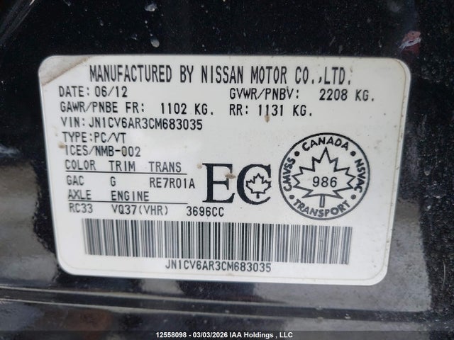Продаж на аукціоні авто 2012 Infiniti G37x Luxury/sport, vin: JN1CV6AR3CM683035, номер лоту: 12558098