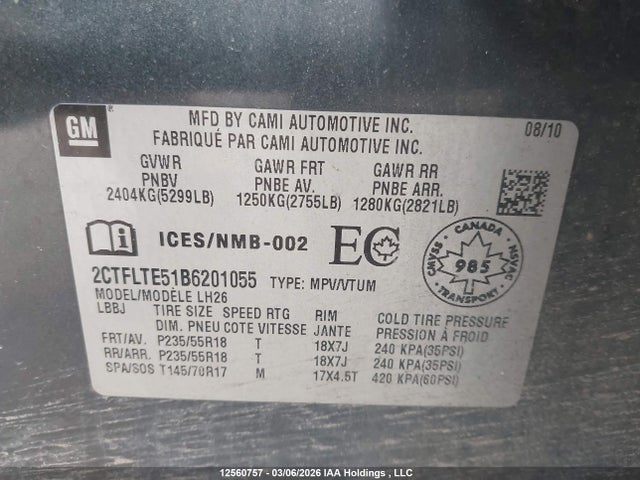 Aukcja sprzedaży 2011 Gmc Terrain Sle-2, vin: 2CTFLTE51B6201055, numer aukcji: 12560757