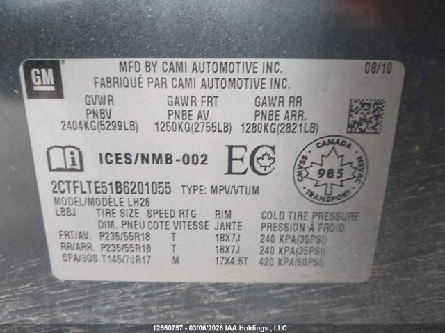 Aukcja sprzedaży 2011 Gmc Terrain Sle-2, vin: 2CTFLTE51B6201055, numer aukcji: 12560757