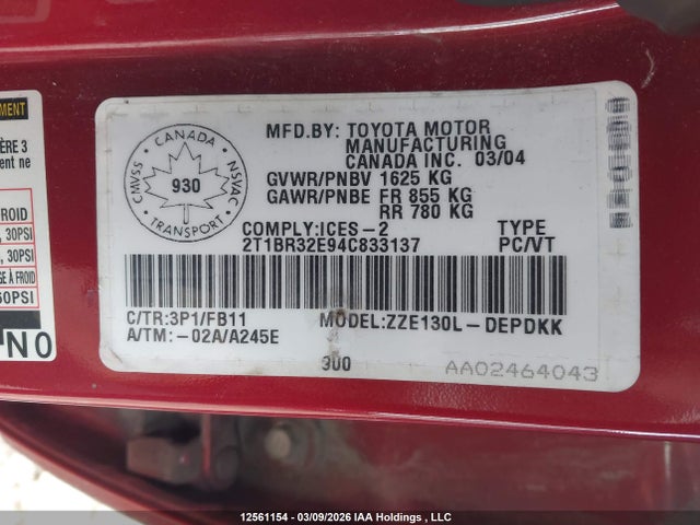 12561154 :رقم المزاد ، 2T1BR32E94C833137 vin ، 2004 Toyota Corolla Ce/le/sport مزاد بيع
