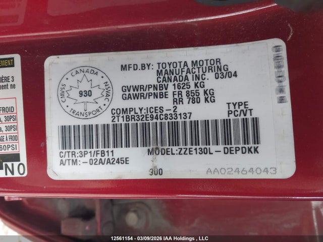 12561154 :رقم المزاد ، 2T1BR32E94C833137 vin ، 2004 Toyota Corolla Ce/le/sport مزاد بيع