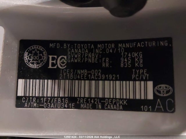 Aukcja sprzedaży 2010 Toyota Corolla Ce, vin: 2T1BU4EE1AC391921, numer aukcji: 12561424
