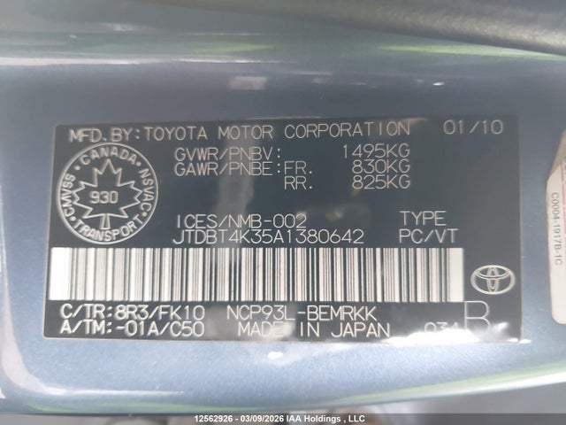 Aukcja sprzedaży 2010 Toyota Yaris, vin: JTDBT4K35A1380642, numer aukcji: 12562926