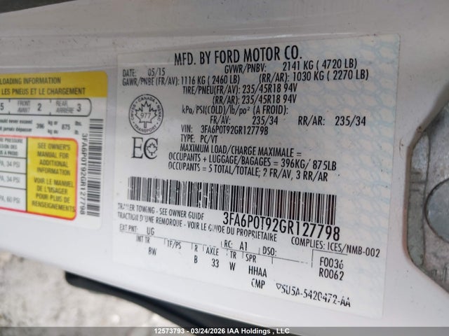 12573793 :رقم المزاد ، 3FA6P0T92GR127798 vin ، 2016 Ford Fusion Se مزاد بيع