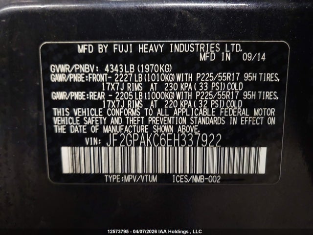 Продажа на аукционе авто 2014 Subaru Xv Crosstrek 2.0 Limited, vin: JF2GPAKC6EH337922, номер лота: 12573795