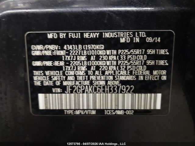 Продажа на аукционе авто 2014 Subaru Xv Crosstrek 2.0 Limited, vin: JF2GPAKC6EH337922, номер лота: 12573795