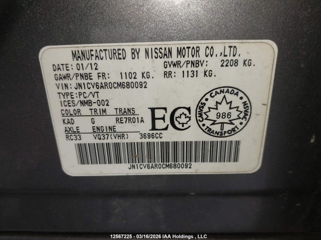 Aukcja sprzedaży 2012 Infiniti G37x, vin: JN1CV6AR0CM680092, numer aukcji: 12567225