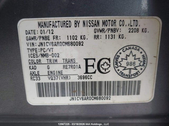 Aukcja sprzedaży 2012 Infiniti G37x, vin: JN1CV6AR0CM680092, numer aukcji: 12567225