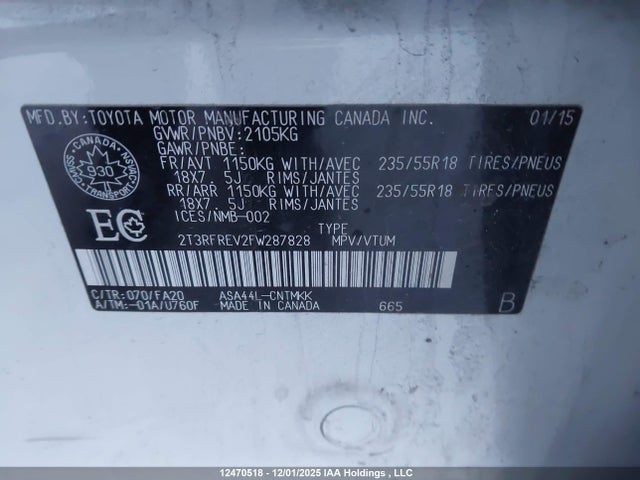 12470518 :رقم المزاد ، 2T3RFREV2FW287828 vin ، 2015 Toyota Rav4 Xle مزاد بيع