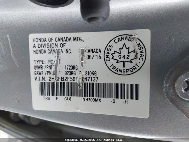 2015 Honda Civic Lx მანქანა იყიდება აუქციონზე, vin: 2HGFB2F56FH047137, აუქციონის ნომერი: 12573805