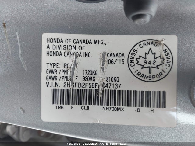 2015 Honda Civic Lx მანქანა იყიდება აუქციონზე, vin: 2HGFB2F56FH047137, აუქციონის ნომერი: 12573805