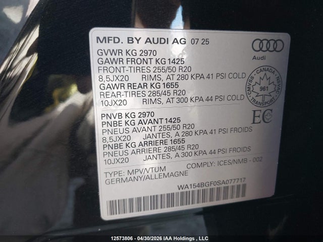 Aukcja sprzedaży 2025 Audi Q6 E-tron Progressiv, vin: WA154BGF0SA077717, numer aukcji: 12573806