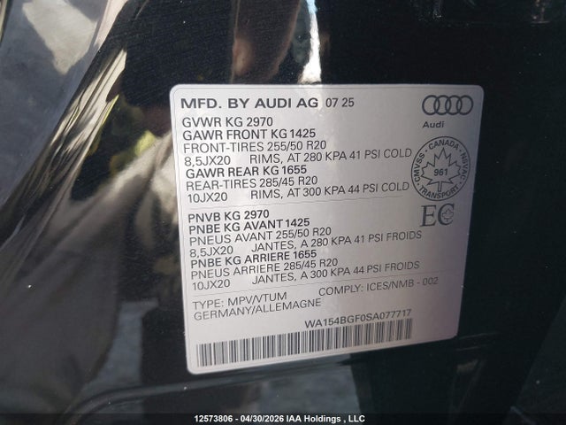 Aukcja sprzedaży 2025 Audi Q6 E-tron Progressiv, vin: WA154BGF0SA077717, numer aukcji: 12573806