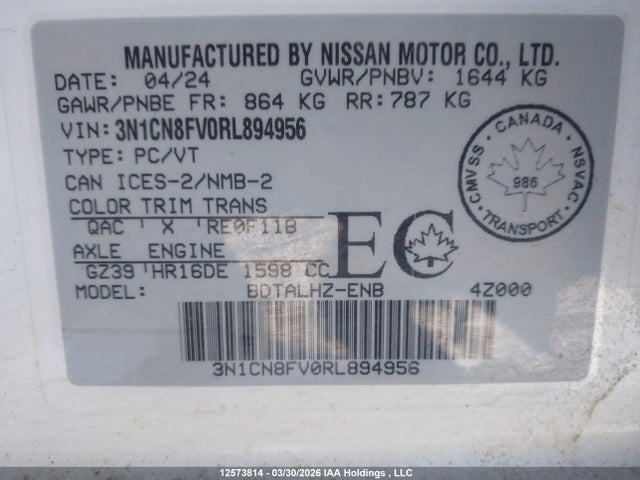 3N1CN8FV0RL894956 Nissan VERSA SR
