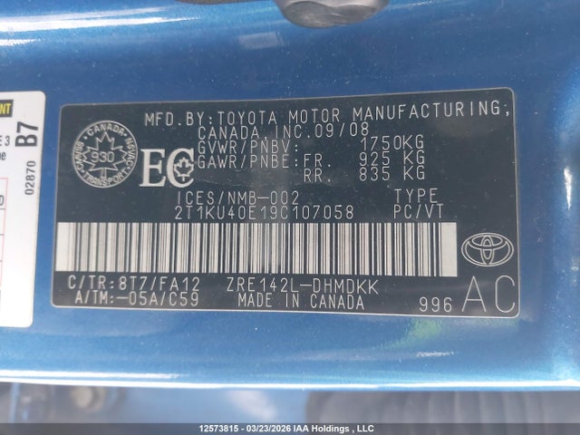 12573815 :رقم المزاد ، 2T1KU40E19C107058 vin ، 2009 Toyota Matrix مزاد بيع