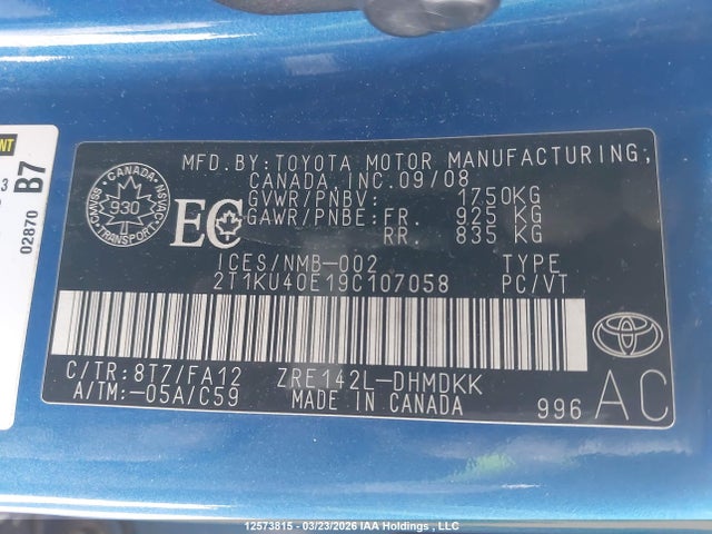 12573815 :رقم المزاد ، 2T1KU40E19C107058 vin ، 2009 Toyota Matrix مزاد بيع