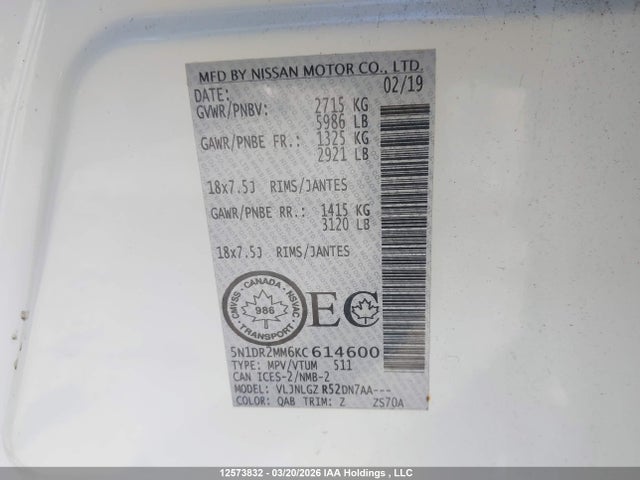 5N1DR2MM6KC614600 Nissan Pathfinder Platinum/s/sl Premium/sv Tech