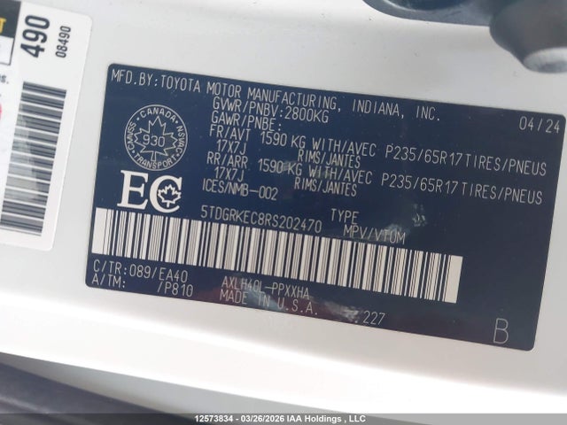 5TDGRKEC8RS202470 Toyota Sienna Le/xle/platinum/xse/limited