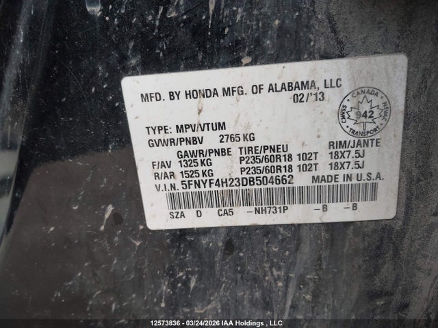 Продажа на аукционе авто 2013 Honda Pilot Lx, vin: 5FNYF4H23DB504662, номер лота: 12573836