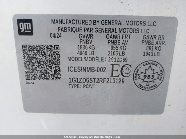 2024 Chevrolet Malibu Lt მანქანა იყიდება აუქციონზე, vin: 1G1ZD5ST2RF213129, აუქციონის ნომერი: 12573841