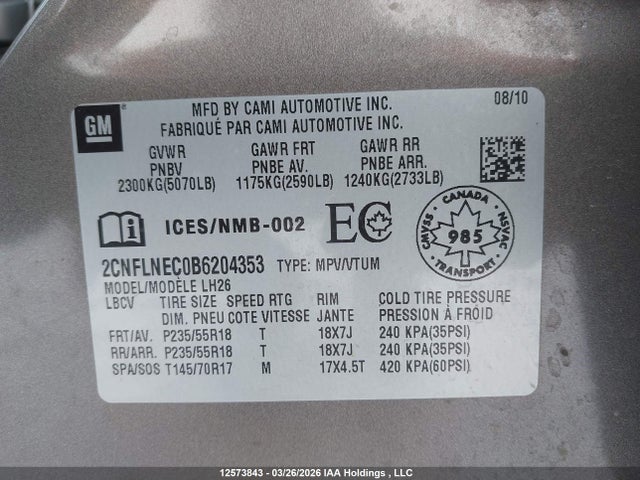 Продаж на аукціоні авто 2011 Chevrolet Equinox Lt, vin: 2CNFLNEC0B6204353, номер лоту: 12573843