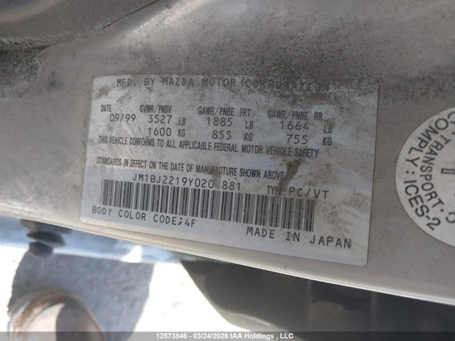 Aukcja sprzedaży 2000 Mazda Protege Es, vin: JM1BJ2219Y0204881, numer aukcji: 12573846