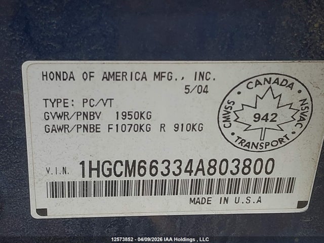 2004 Honda Accord Lx V6 მანქანა იყიდება აუქციონზე, vin: 1HGCM66334A803800, აუქციონის ნომერი: 12573852