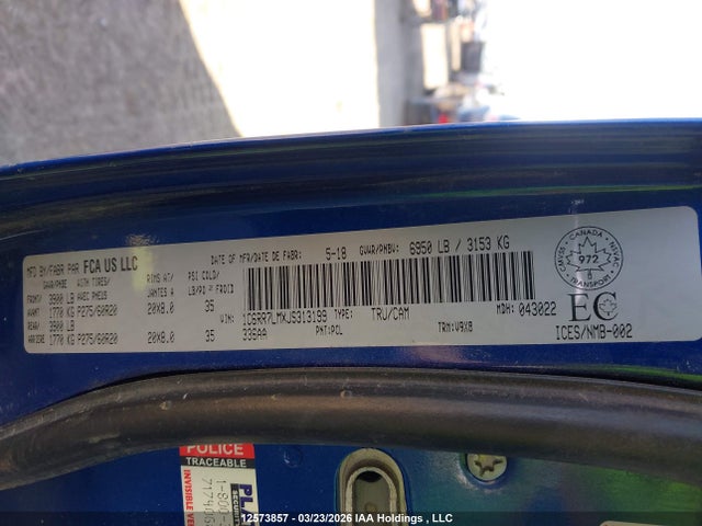12573857 :رقم المزاد ، 1C6RR7LMXJS313199 vin ، 2018 Ram 1500 Slt مزاد بيع