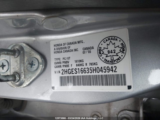 2005 Honda Civic Lx-g მანქანა იყიდება აუქციონზე, vin: 2HGES16635H045942, აუქციონის ნომერი: 12573866