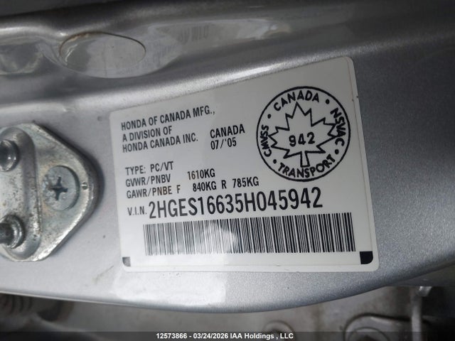 2005 Honda Civic Lx-g მანქანა იყიდება აუქციონზე, vin: 2HGES16635H045942, აუქციონის ნომერი: 12573866